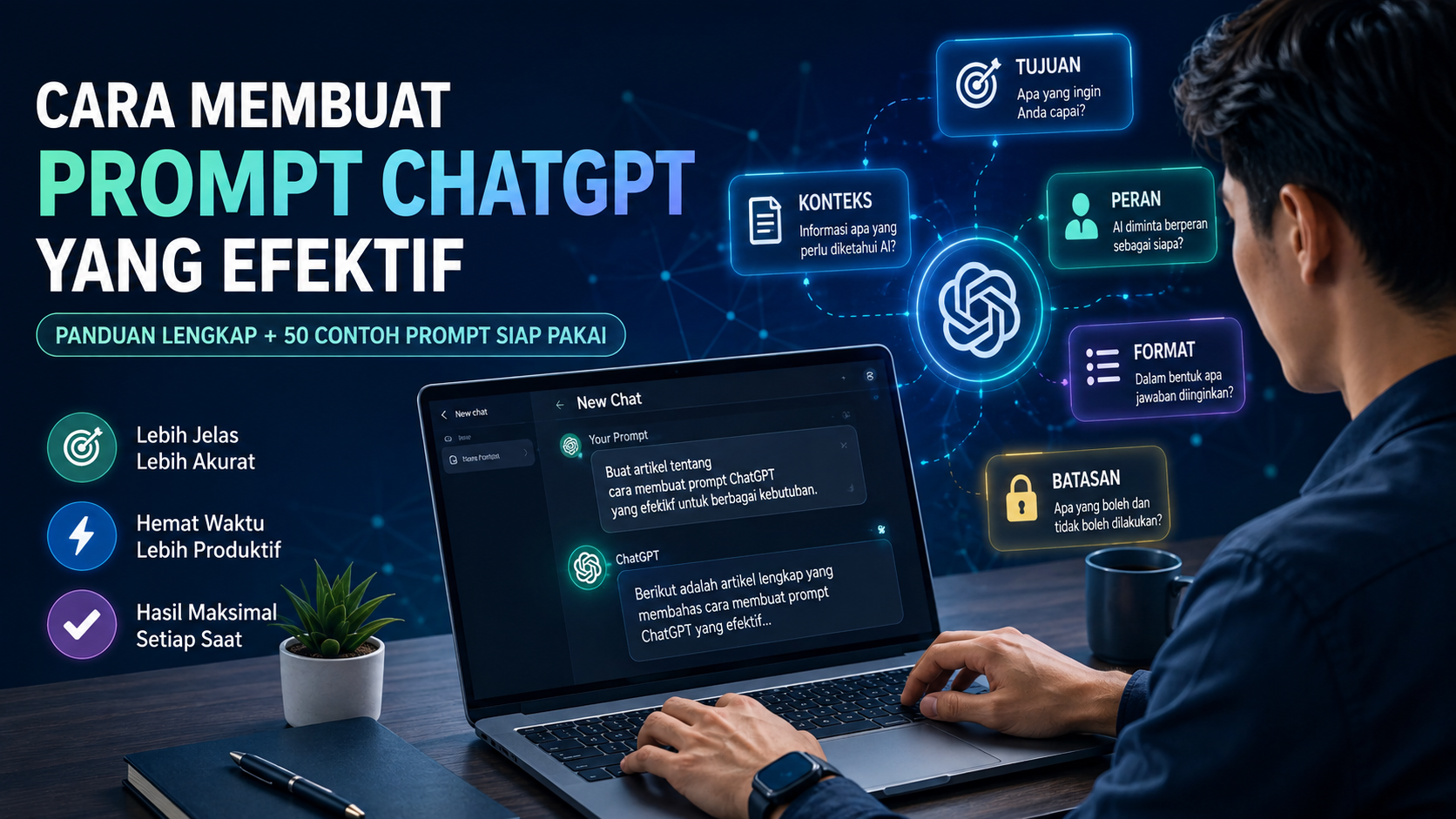 Seseorang sedang menyusun prompt ChatGPT pada laptop dengan antarmuka AI modern dan ilustrasi percakapan digital.