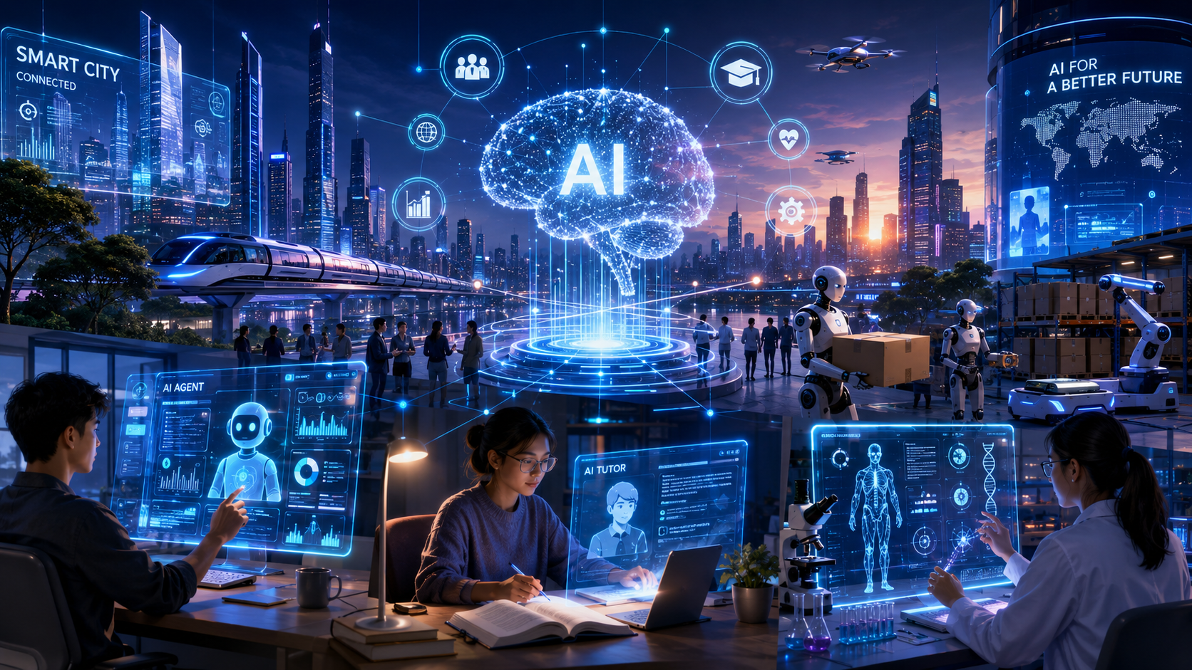 Ilustrasi masa depan Artificial Intelligence dengan manusia, AI agent, robotika, perangkat pintar, pendidikan, bisnis, dan jaringan digital futuristik.