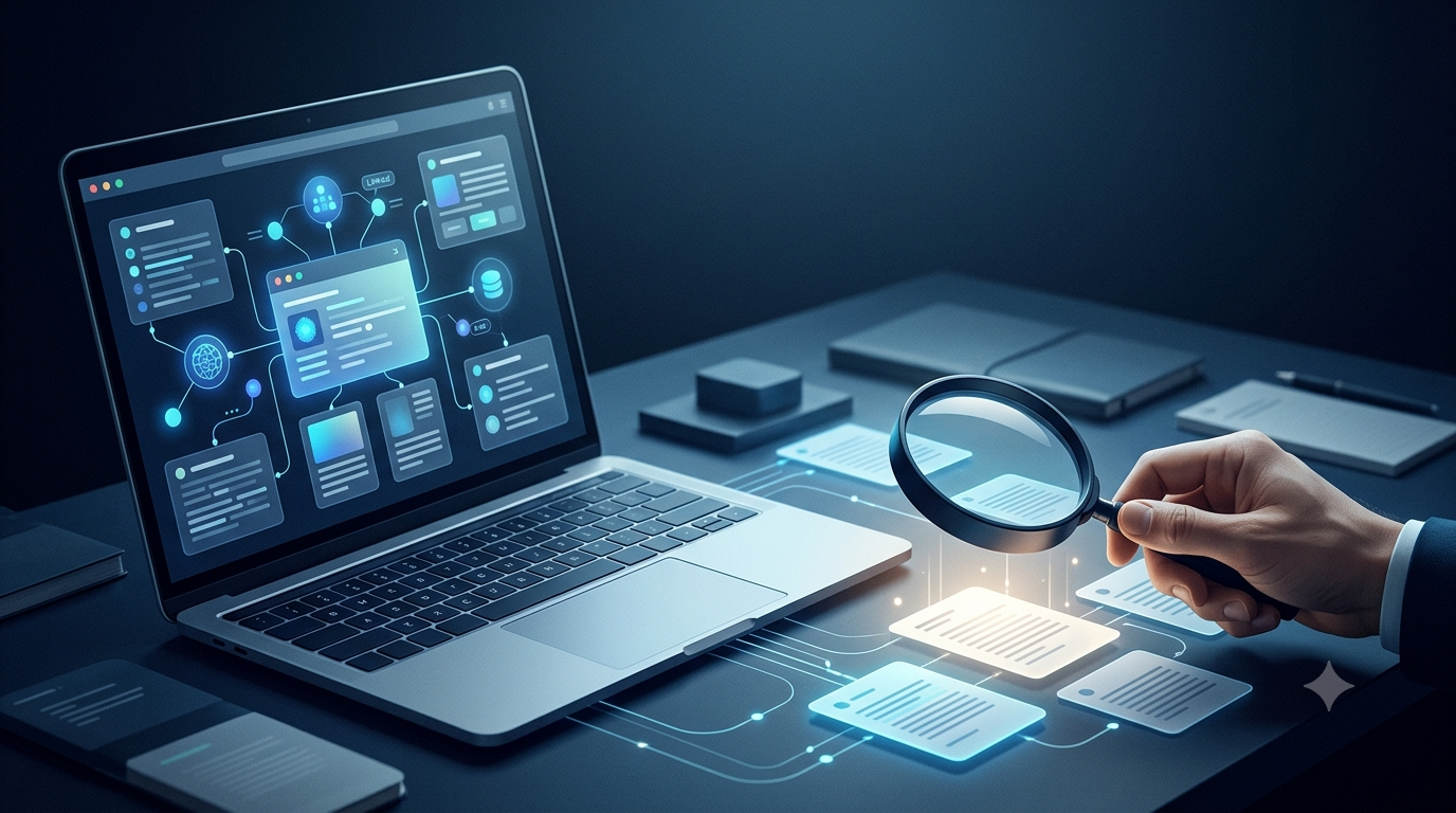 Ilustrasi riset AI dengan laptop, kartu sumber digital, dan kaca pembesar untuk memeriksa citation Perplexity.